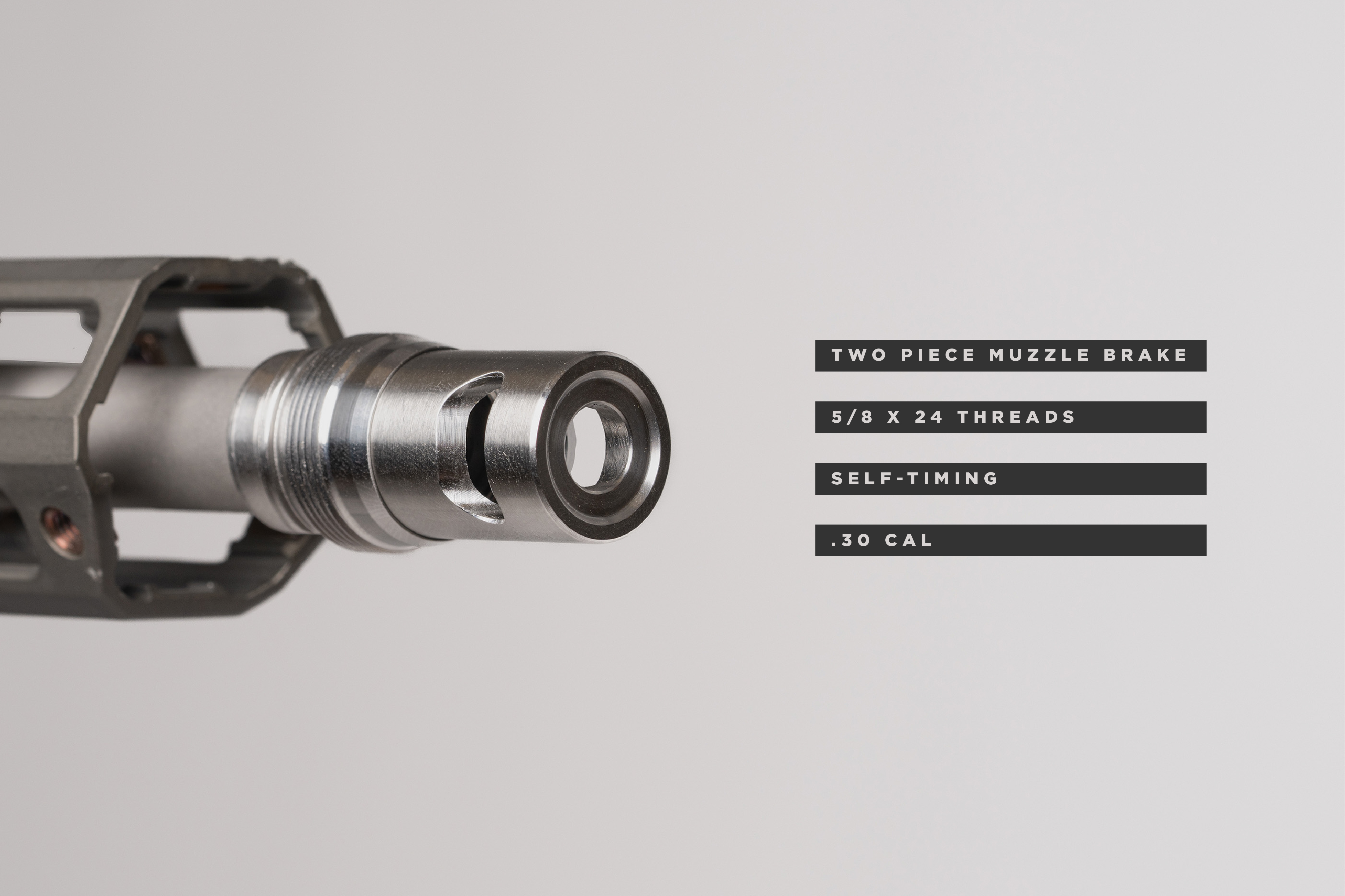 Cherry Bastard muzzle brake mounted on rifle barrel with 5/8x24 threads and .30 cal bore