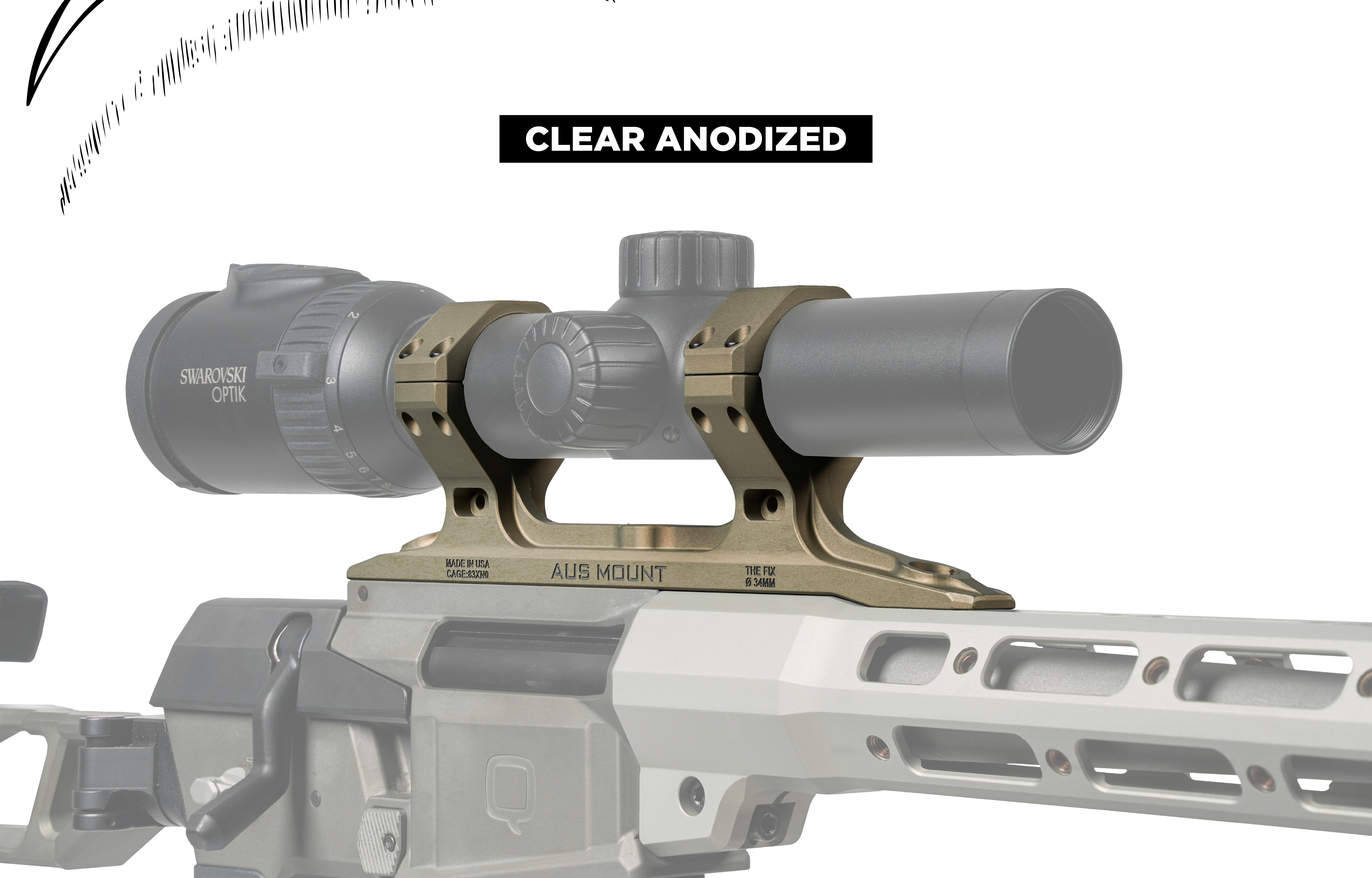 Reptilia AUS Mount in clear anodized finish securing a Swarovski Optik scope to The Fix rifle.