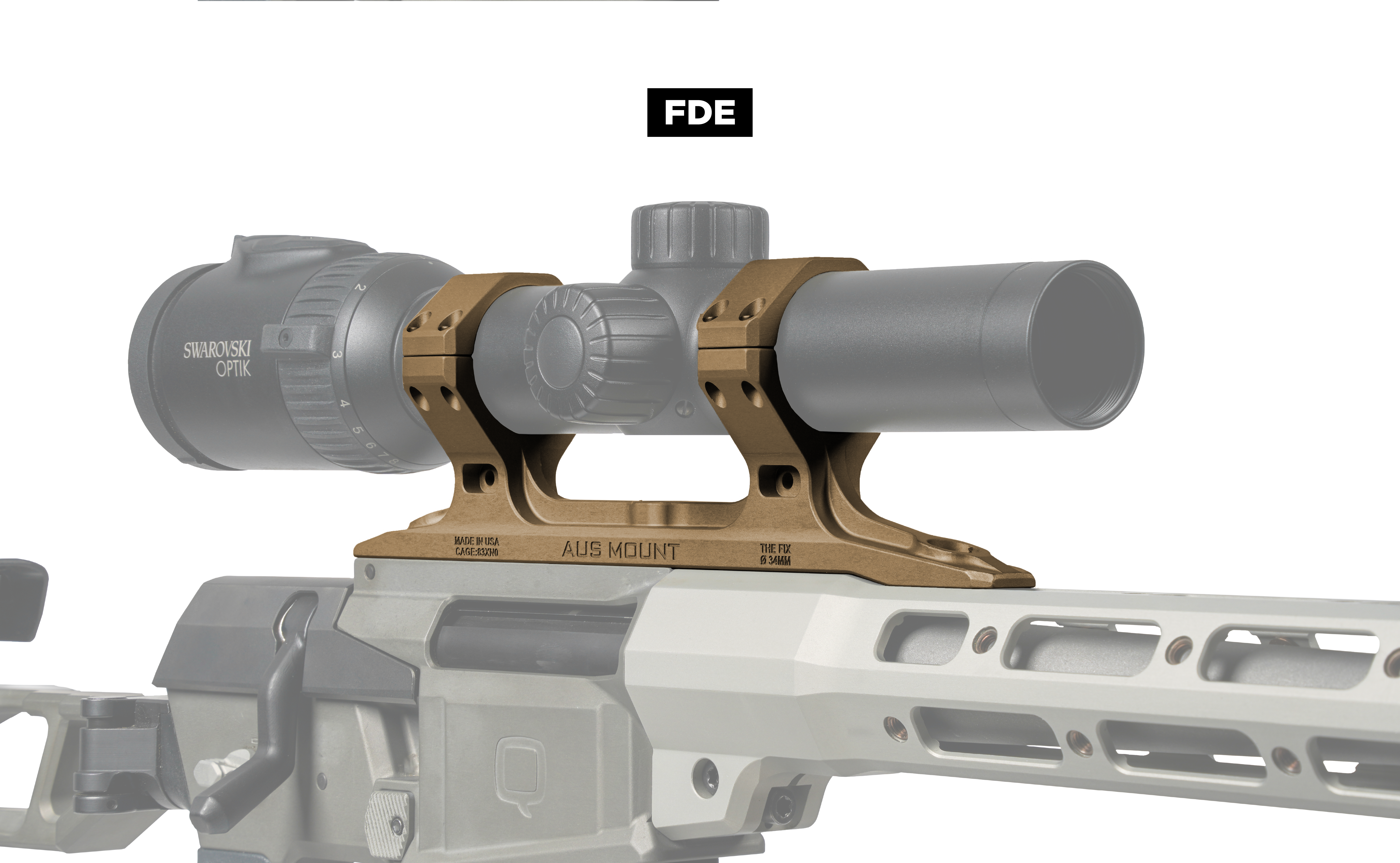 Reptilia AUS Mount in FDE finish securing a Swarovski Optik scope to The Fix rifle chassis.