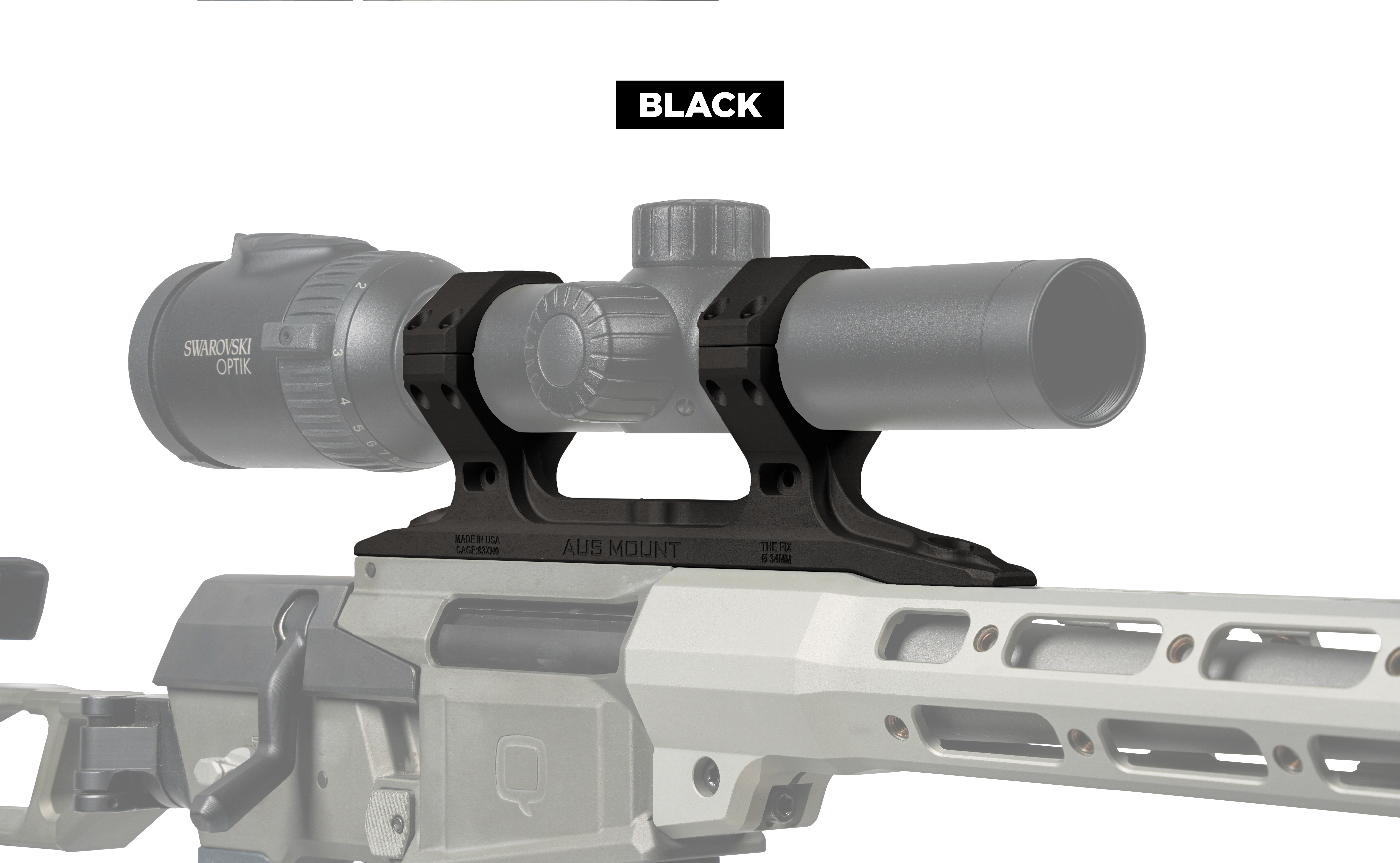 Reptilia AUS Mount in black finish securing a Swarovski Optik scope to The Fix rifle chassis.
