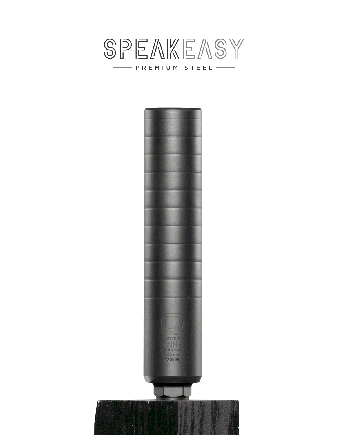 Animated GIF of the Speakeasy suppressor from Q. The suppressor rotates slowly on a dark wood block, revealing its smooth, steel finish and engraved markings. Above, the logo “SPEAKEASY – PREMIUM STEEL” appears in stylized black and silver text against a clean white background.
