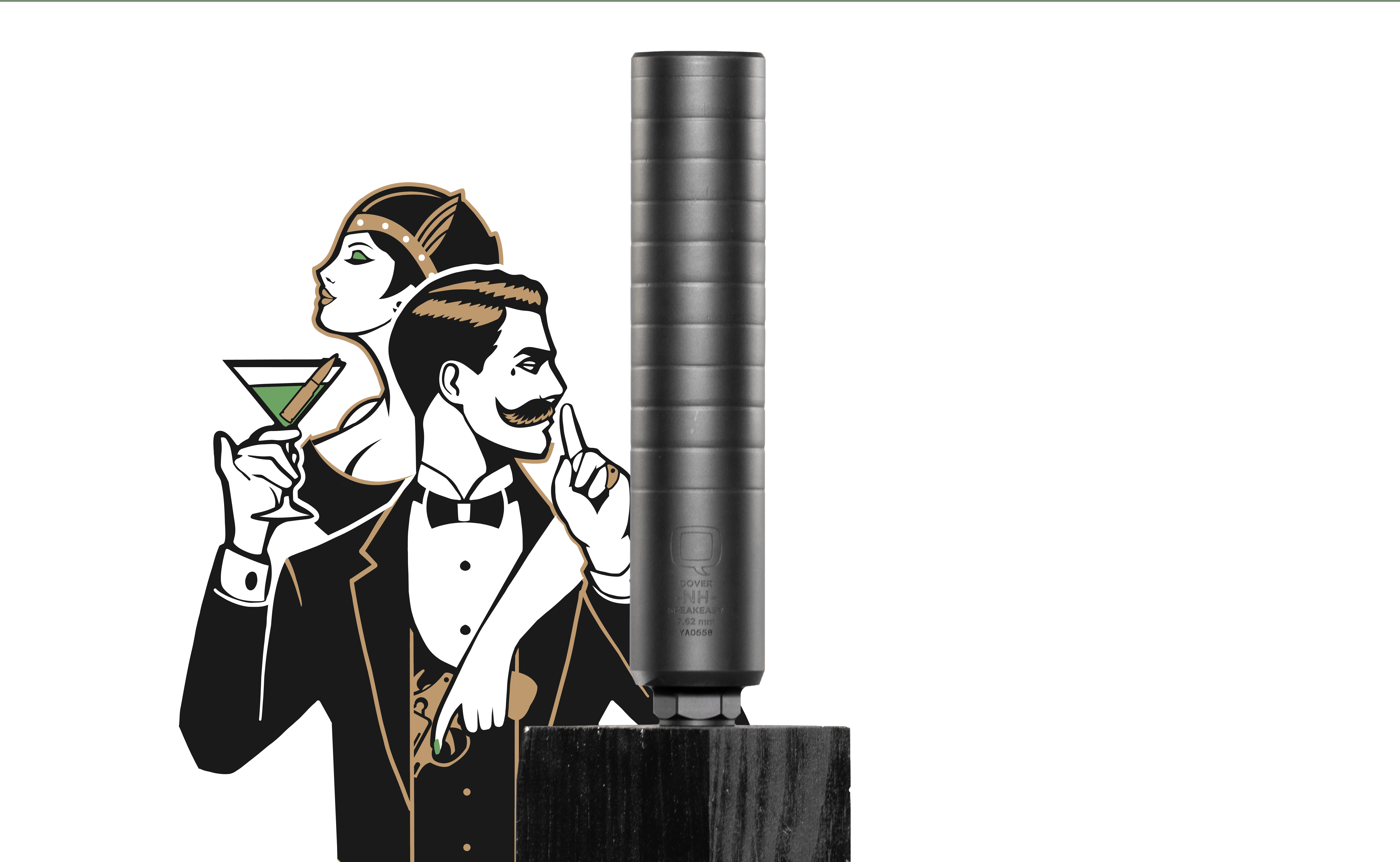 The Speakeasy suppressor stands upright on a dark wooden block. Behind it, a stylized illustration of a well-dressed couple evokes 1920s speakeasy flair — the man in a tuxedo and bow tie holds up a finger in a “shh” gesture, while the woman in a flapper headband wraps an arm around him and holds a martini glass with a cigar. Clean white background.