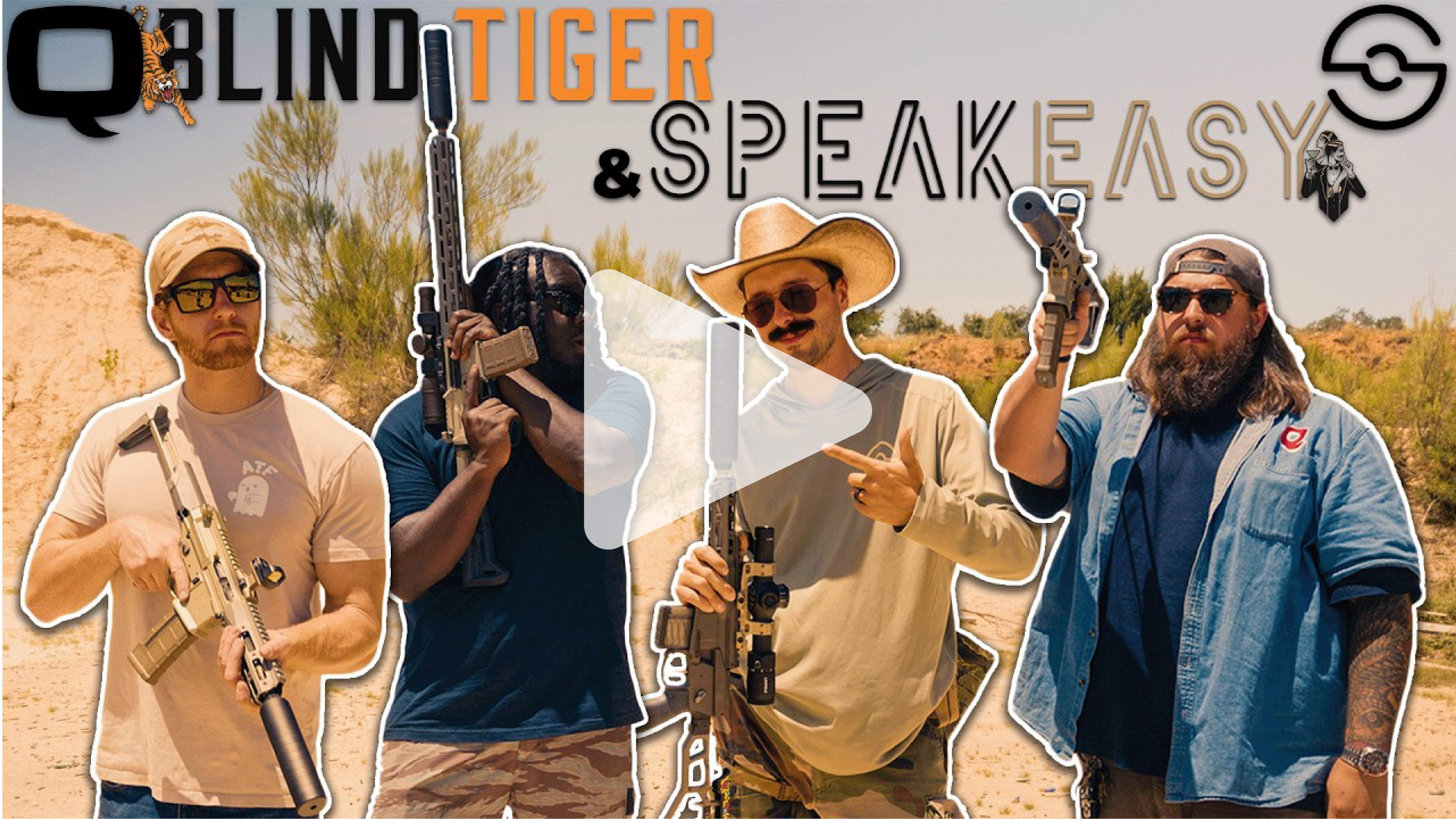 Stylized video thumbnail featuring four men holding rifles and pistols equipped with Q suppressors. The text reads “BLIND TIGER & SPEAKEASY” with illustrated logos for each—an aggressive tiger and a dapper, masked figure. A large play button is overlaid in the center. The background shows a bright desert shooting range under clear skies. Bold outlines and contrast give the image a graphic, high-energy look.
