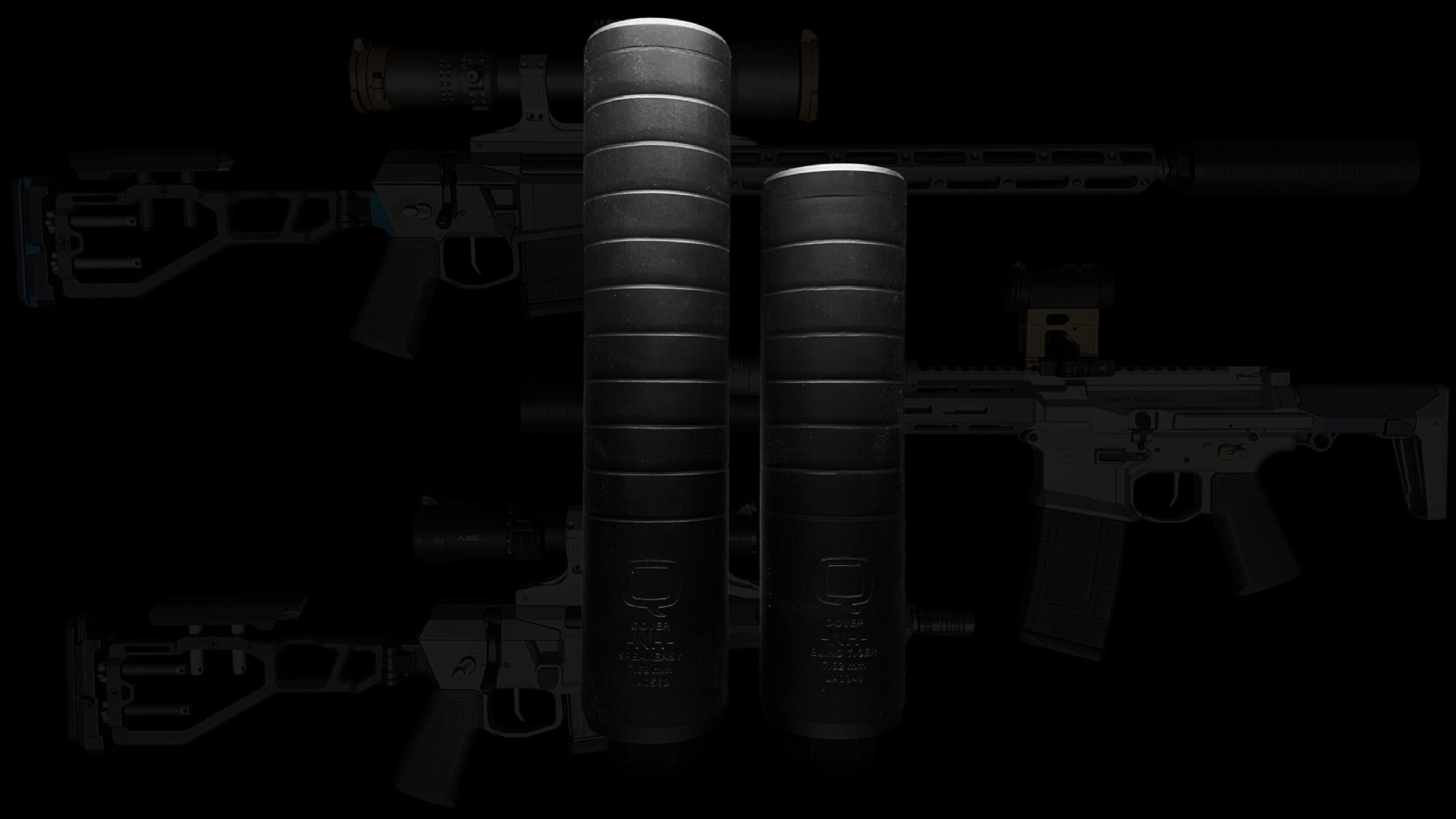 Dramatic image of the Speakeasy and Blind Tiger suppressors shown front and center against a blacked-out background. Faint outlines of two rifles with mounted suppressors are visible in the background, emphasizing real-world application. The lighting highlights the suppressors' rugged steel texture and engraved markings.        Ask ChatGPT