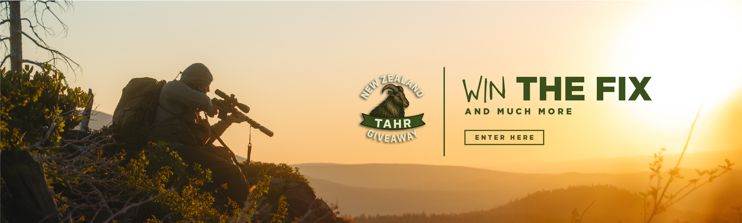Silhouette of a hunter aiming a rifle on a mountainside at sunrise with text overlay: ‘New Zealand Tahr Giveaway. Win The Fix and much more. Enter here.
