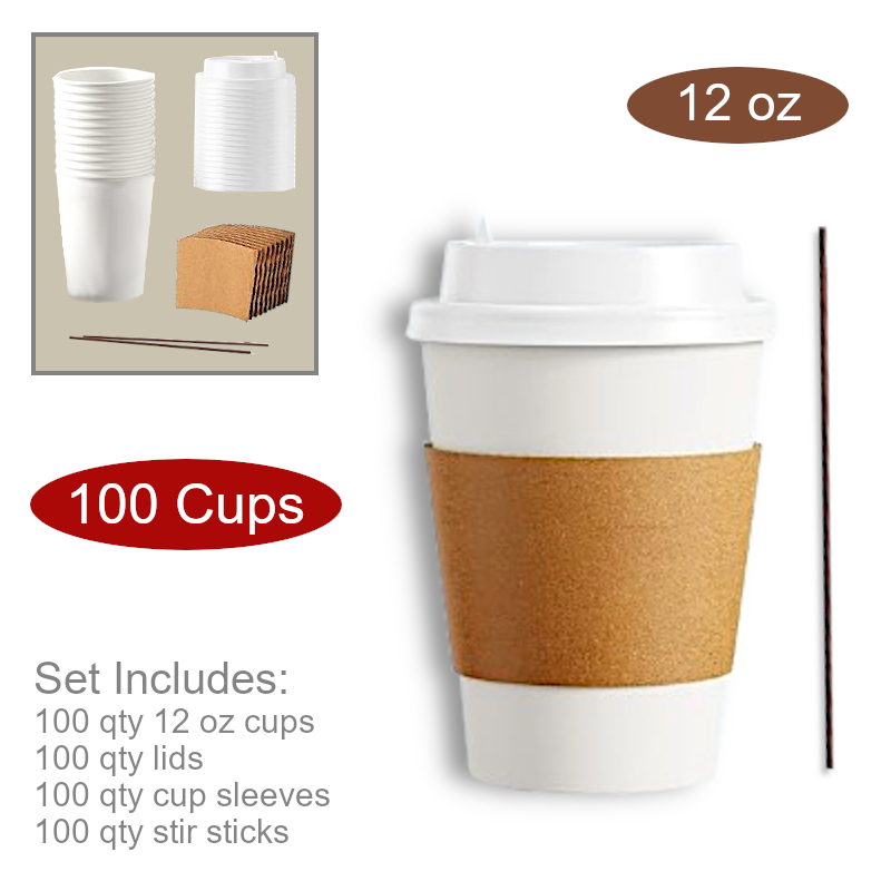 BULK 12 oz Paper Coffee Cups Lids Sleeves | Drinkware