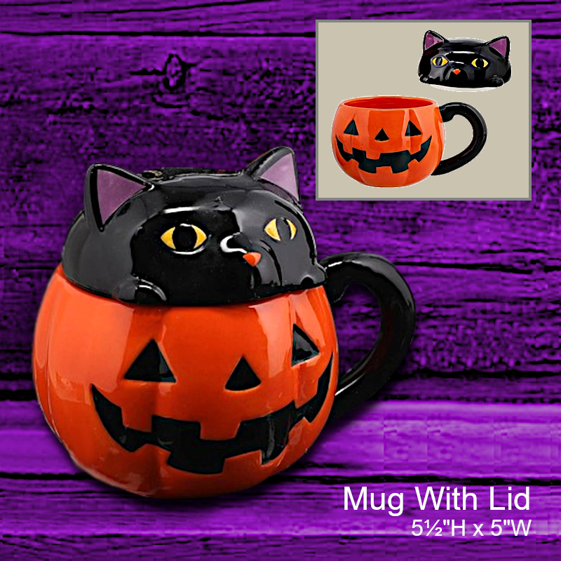 Pumpkin Mug With Cat Lid | Halloween Office Candy Dish