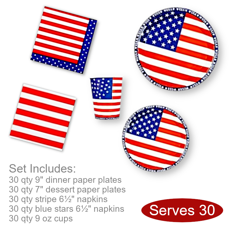 Paper Plates Napkins Cups Set 30 People | 4th of July