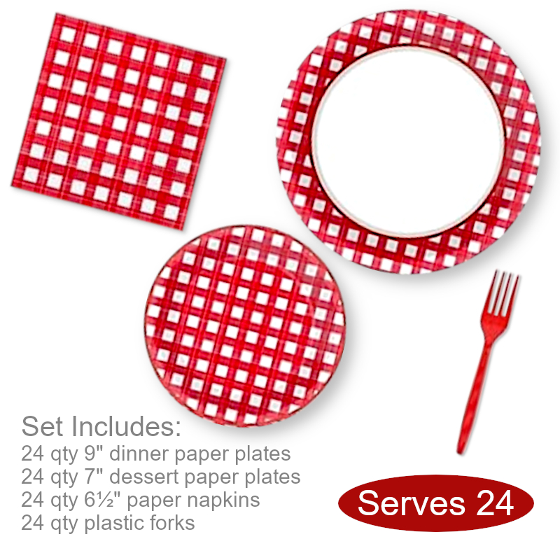 Gingham Paper Plates Napkins for 24 People | Serveware