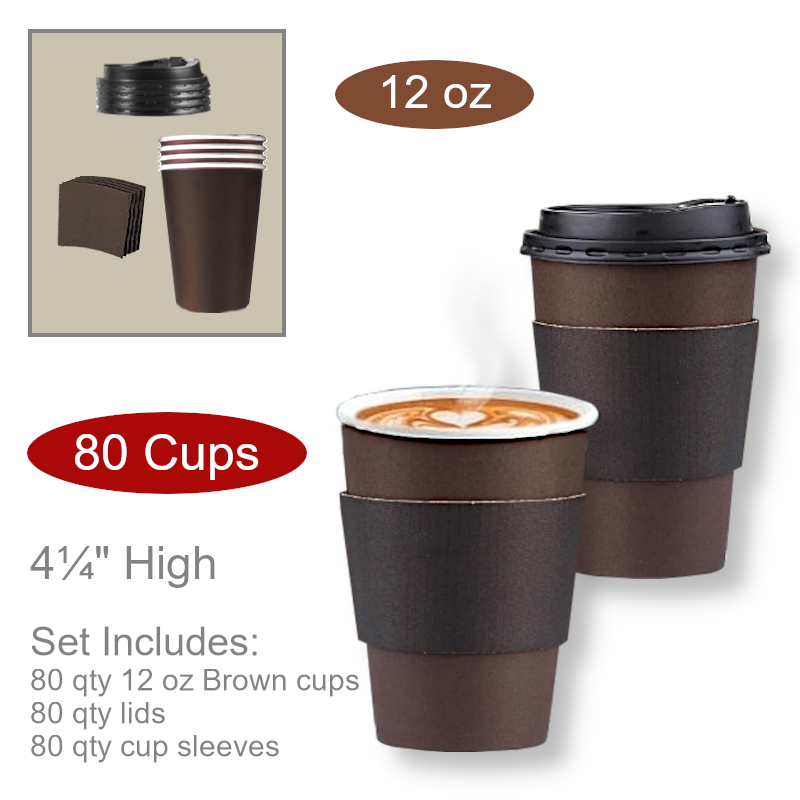 12 oz Paper Coffee Cups Lids Sleeves Set | Drinkware