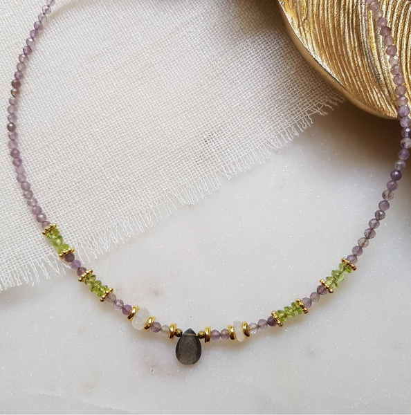 Ginandger Elyna Labradorite Amethyst and Peridot Charm Neckace