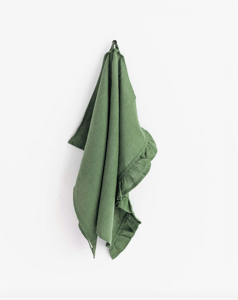 Magic Linen Olive Linen Ruffle Trim Tea Towel