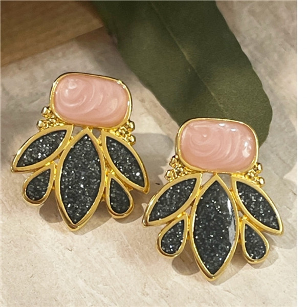 Willow Natural Enamel Flower Earrings - Pink & Grey Sparkle