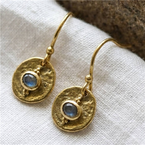 Artisans of Humunity Hammered Brass & High Flash Moonstone Earrings