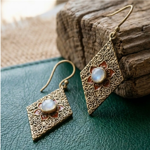 Artisans of Humunity Boho Hand Etched Tribal Brass & Moonstone Drops