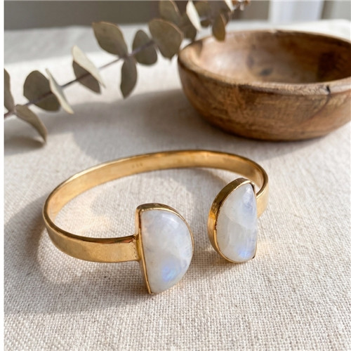 Artisans of Humunity Double Moonstone Brass Cuff - Moonstone