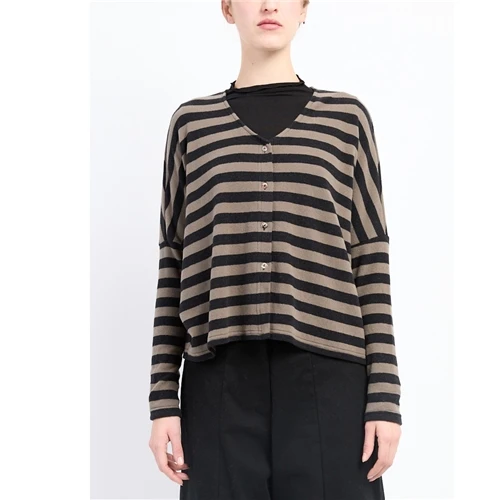Neirami V Neck Striped Cardigan - Twig/Carbon