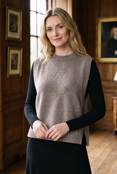 Ochre Cashmere Lula Sleveless Vest with Moss Stitch -Stone Marl
