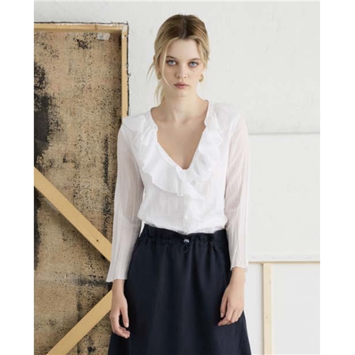 European Culture Ruffled Shirt. - Optical White