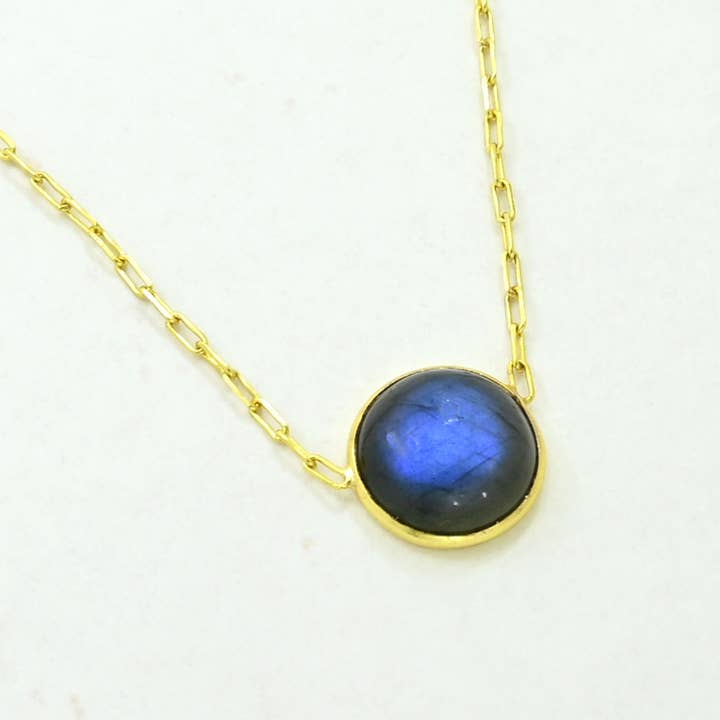 Round Gemstone Necklace Gold Plated Silver 925 - Labradorite