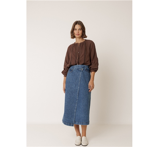 Indi & Cold Cross Waisted Denim Wrap Skirt