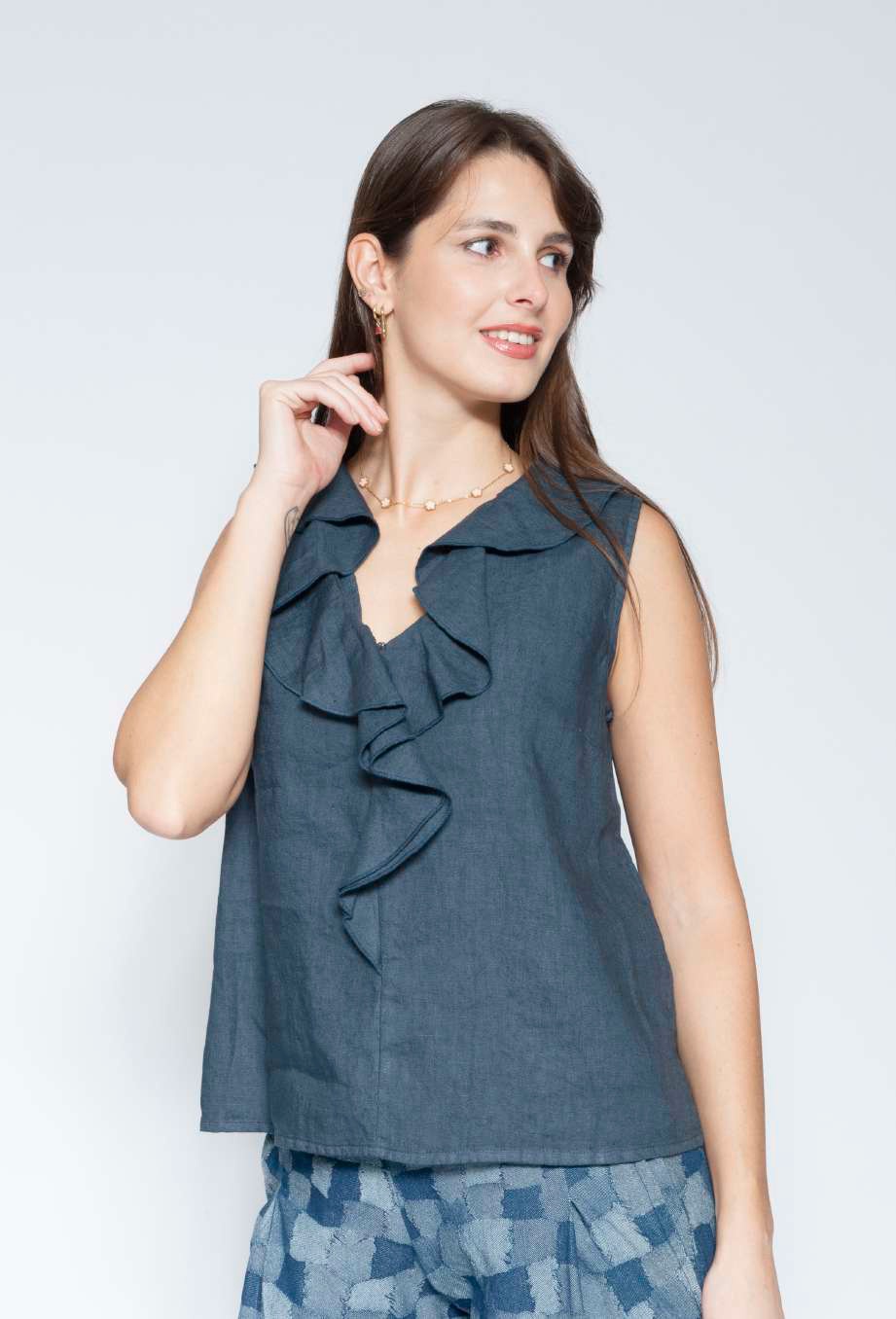 Blueberry Italia Linen Navy Frill Top