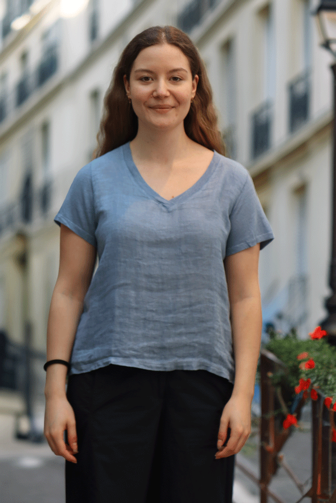 Blueberry Italia Linen Gauze & Print Knit Top - sky