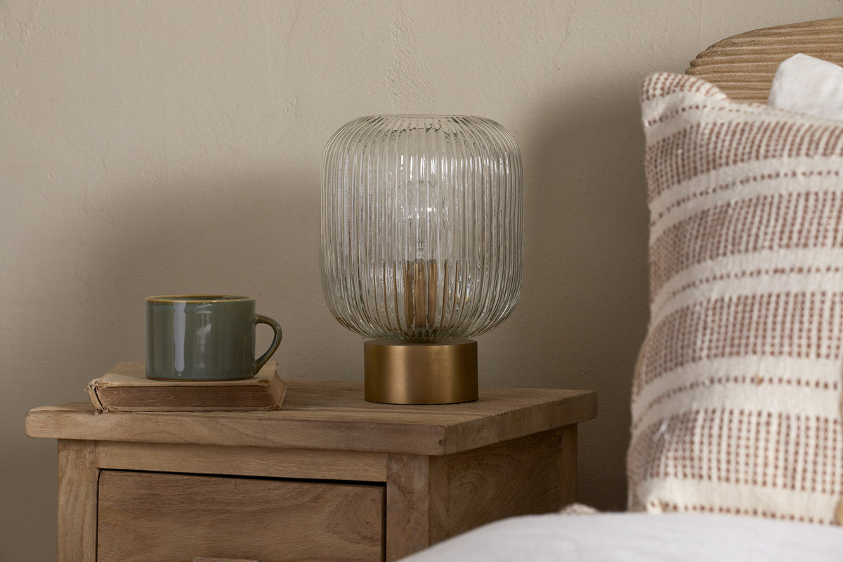 Nkuku Rizal Fluted Glass Bedside Table Lamp - Antique Brass & Clear