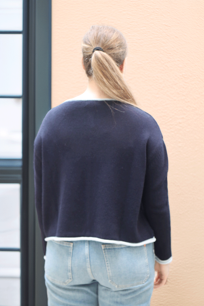 Ochre Cashmere Zen Cardigan With Contrast Trim - Navy/Cloud