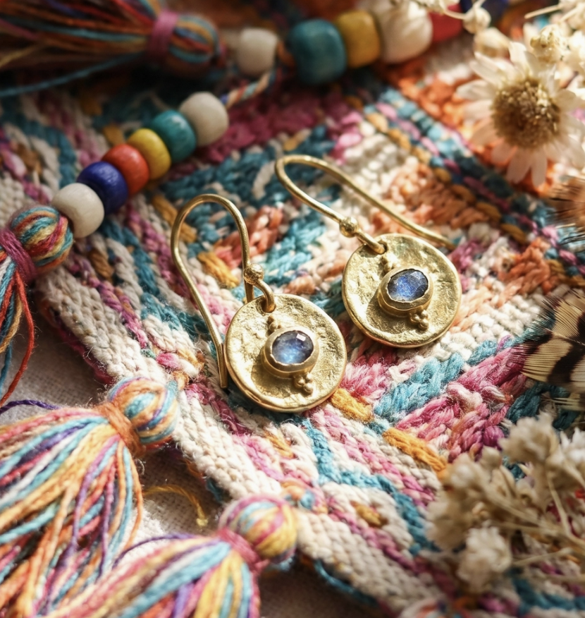 Artisans of Humunity Hammered Brass & High Flash Moonstone Earrings