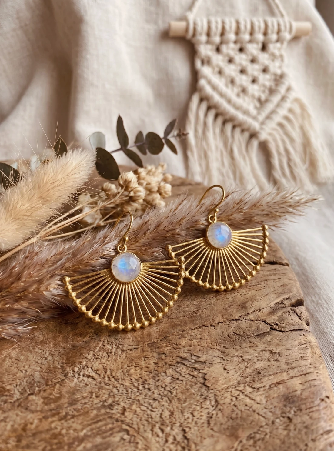 Artisans of Humunity Mystic Stamped Brass & Luminous Moonstone Dangles