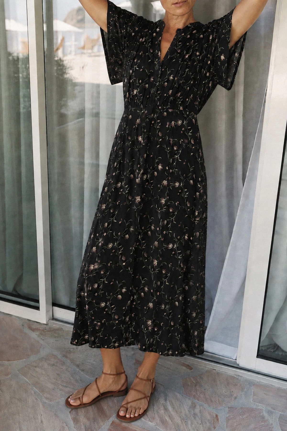 Indi & Cold Long Floral Print Dress - Navy