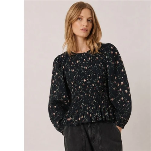 Indi & Cold Floral Print Smock Blouse - Navy