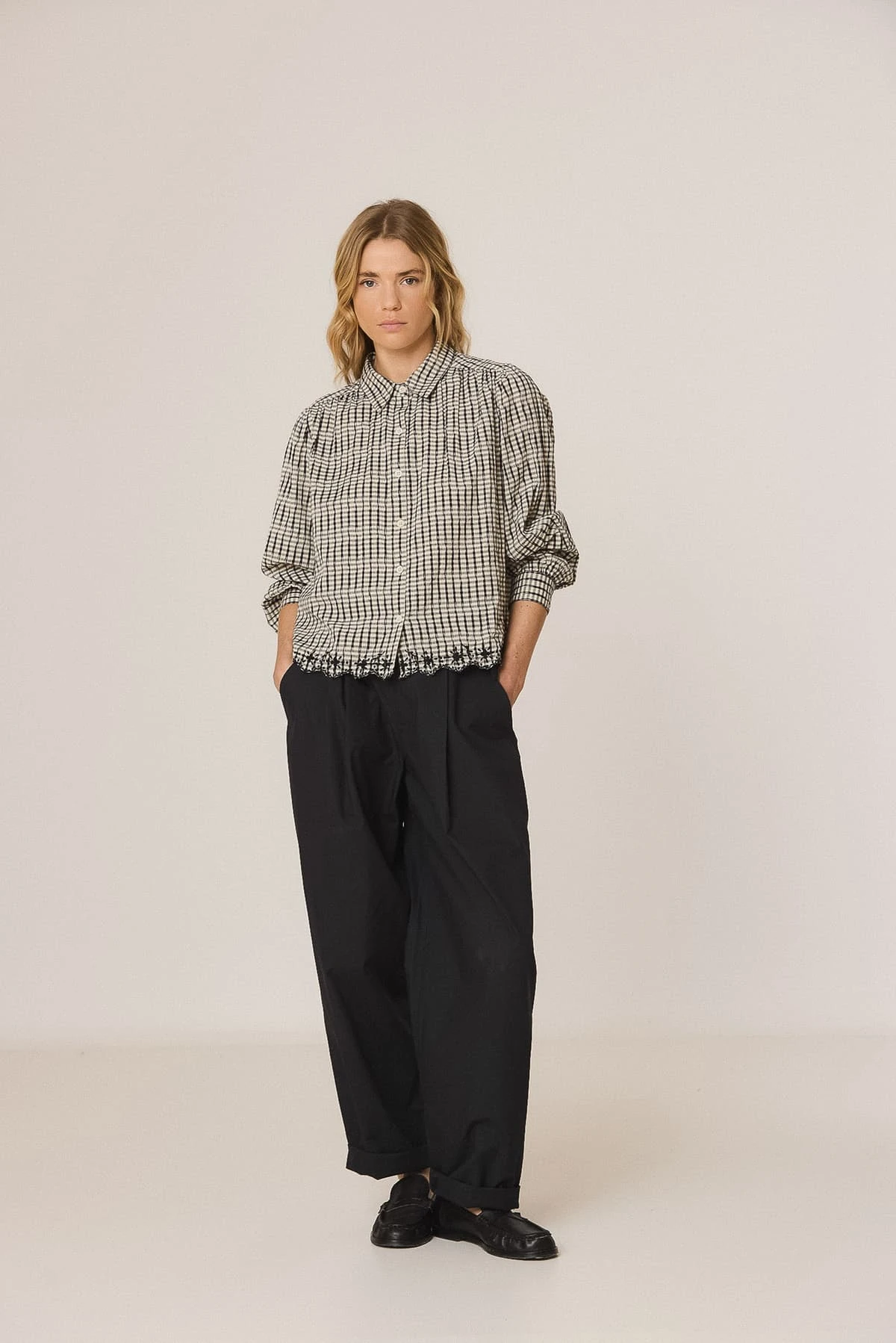 Indi & Cold Check Black & White Embroidered Blouse