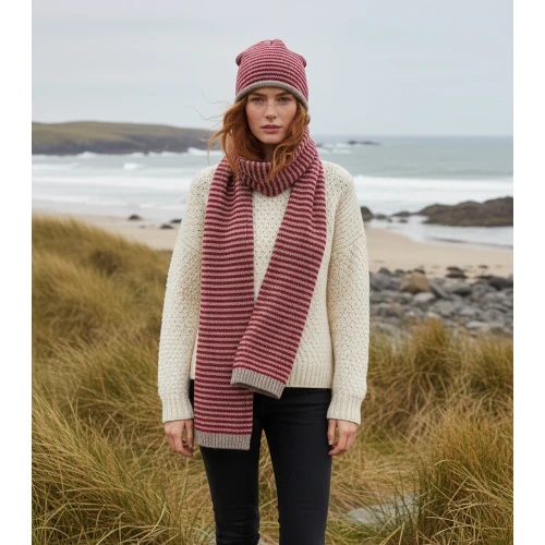 Fisherman Out of Ireland Merino Striped Knitted Scarf - Mushroom/Robin