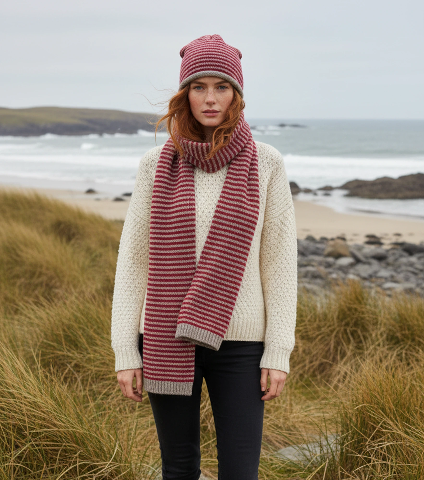 Fisherman Out of Ireland Merino Striped Knitted Scarf - Mushroom/Robin