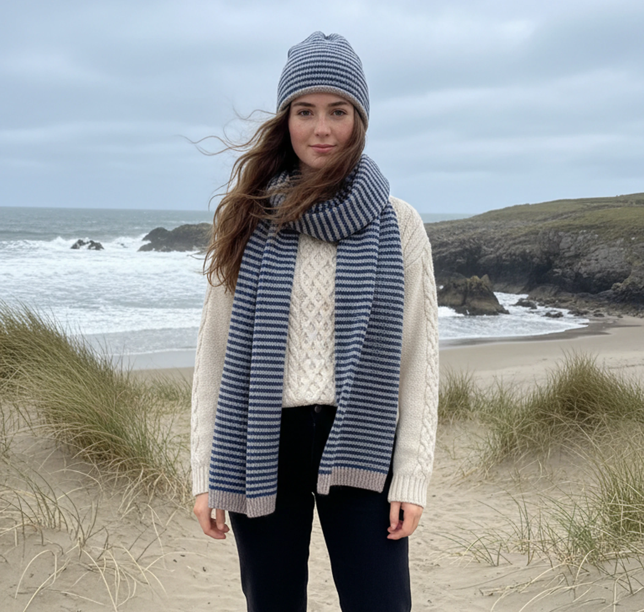 Fisherman Out of Ireland Merino Striped Knitted Hat - Mushroom/Petrol