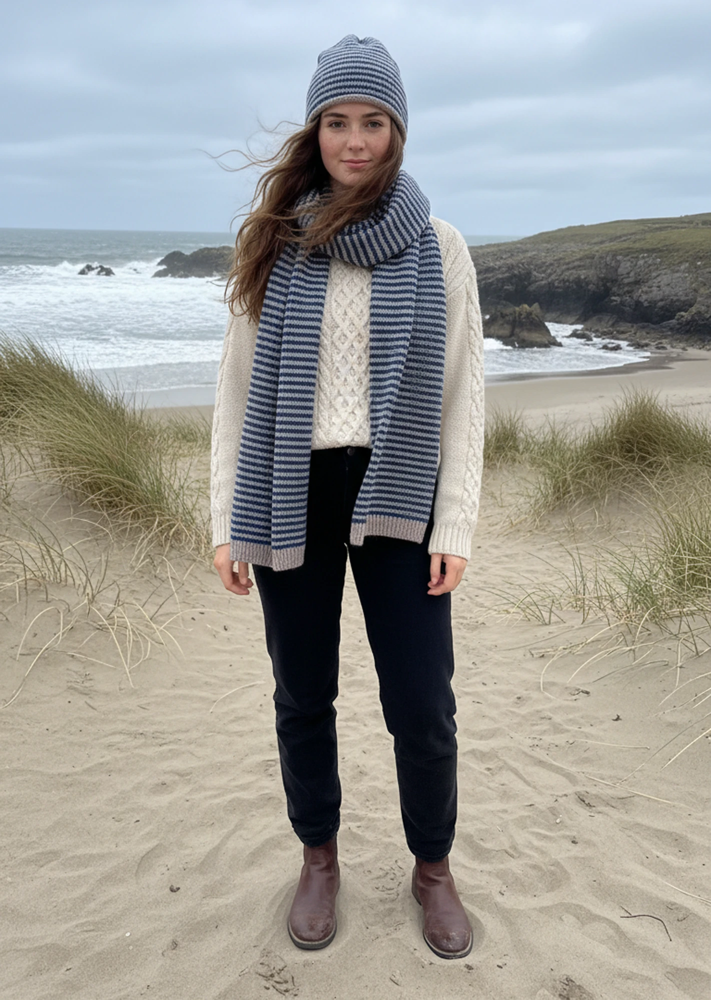 Fisherman Out of Ireland Merino Striped Knitted Scarf - Mushroom/Petrol