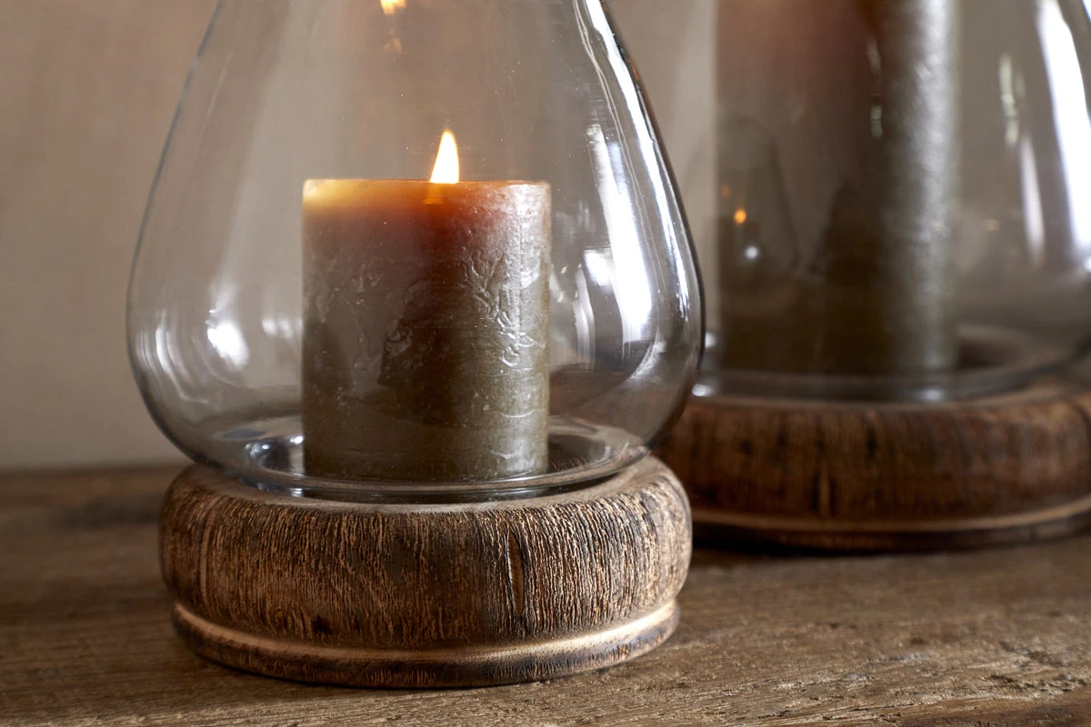 Nkuku Ika Mango Wood & Recycled Glass Lantern - Natural & Clear - Small