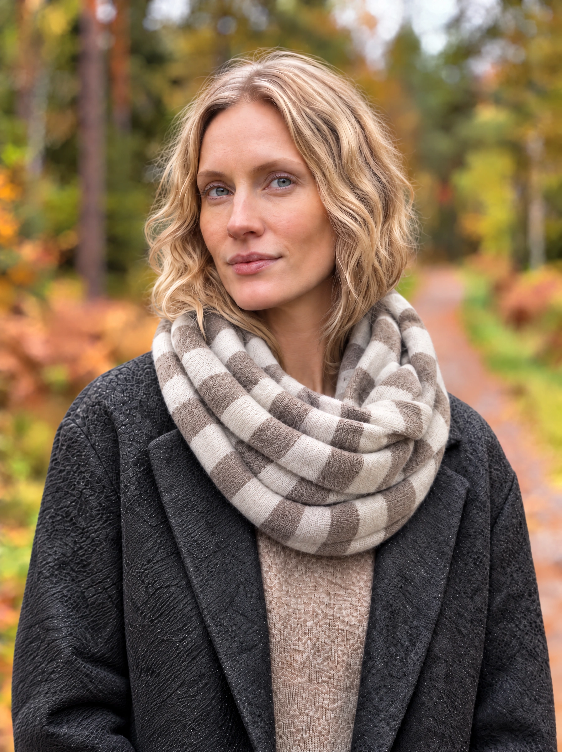 Neirami Striped Loop Scarf - Ivory/Taupe
