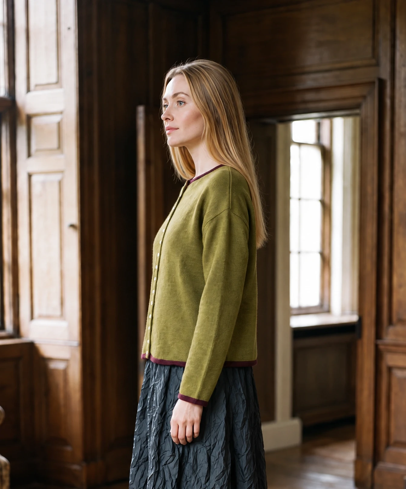 Ochre Knitwear Zen Cardigan -  Moss Green & Burgundy