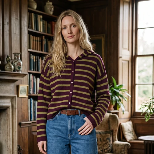 Ochre Knitwear Elsi Stripe Hoodie Cardigan - Burgundy/Moss
