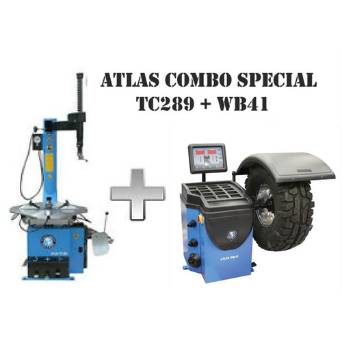 This combination package includes the Atlas® TC289 rim-clamp swing arm tire changer & the Atlas® WB41 computerized spin balancer, suitable for farms, homeowners, and all sizes of shops seeking tire change and balance solutions.