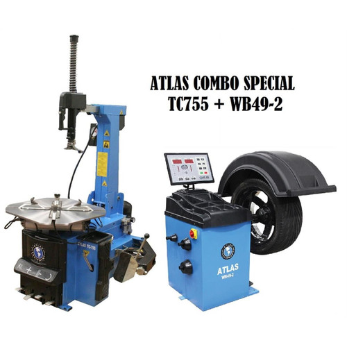 This combination package includes the Atlas® TC755 rim-clamp tilt-back tire changer & the Atlas® WB49-2 computerized spin balancer, ideal for commercial shops handling a large volume of wheels daily and changing and balancing custom, high-end wheels.