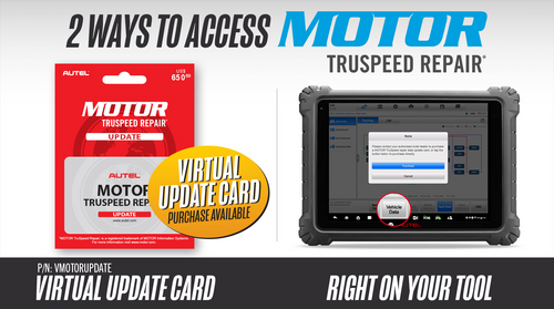 Close-up view of the Virtual MOTOR TruSpeed Update Card, designed to enhance vehicle servicing efficiency. The card features sleek design and branding, with a focus on its role in providing expanded OEM service and repair content to Autel MaxiSYS Series tablets.