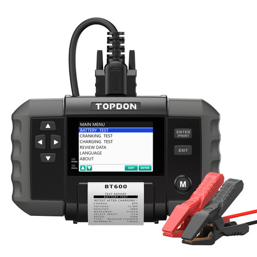 The BT600 is an advanced battery tester for 12V and 24V systems. With a 3.5 inches color screen and a built-in thermal printer, this tool offers the ultimate solution for accurate, fast, and convenient testing. It allows you to easily view the battery's condition and print test reports in real-time. The BT600 adopts a cutting-edge conductivity testing technology and includes reverse polarity protection to prevent improper connections. This multifunctional tool can measure the actual Cold Cranking Amp capacity of the car’s battery, its state of health, and quickly analyze the starter and charging systems.