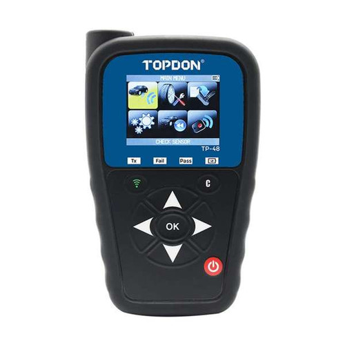 Front view of the TopDon TP48 TPMS diagnostic tool, showcasing its sleek design and intuitive color touchscreen interface. This image highlights the device’s user-friendly controls and professional appearance.