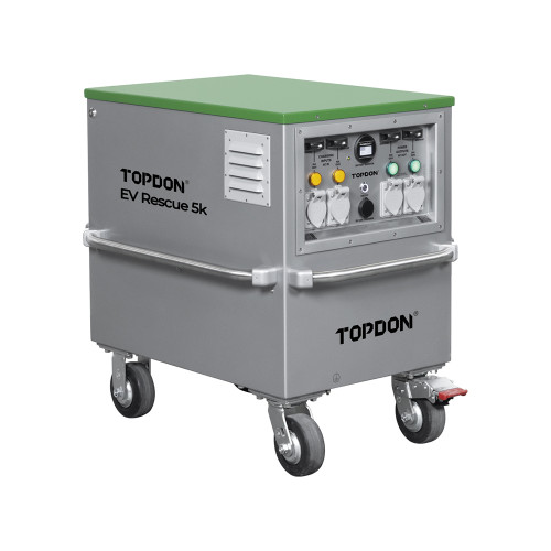 Front view of the TopDon EV Rescue 5K Power Station, showcasing its sleek design and intuitive control panel. This image highlights the device’s compact and portable form factor, perfect for on-the-go emergency charging.