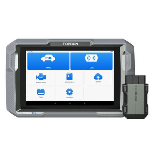 Front view of the TopDon T-Ninja Pro key programming tool, showcasing its sleek design and large, easy-to-read touchscreen interface. This image highlights the tool's intuitive controls and professional appearance.