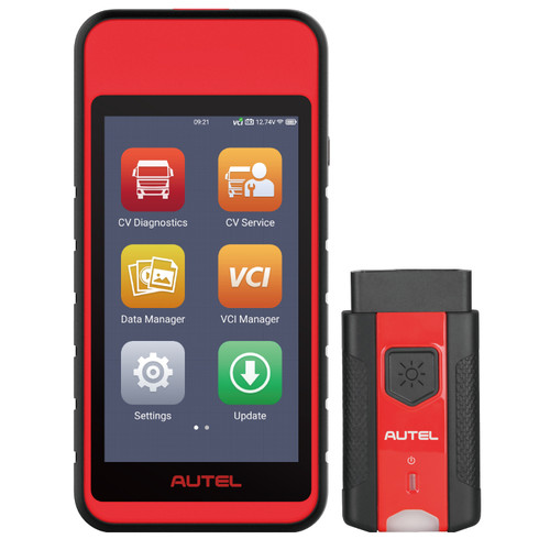 Front view of the Autel MaxiDiag MD600CV, showcasing its sleek design and user-friendly interface. This Android-based diagnostic tablet is essential for heavy-duty vehicle maintenance.